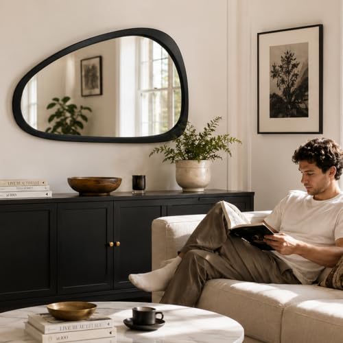 Image of Solid Wood 36x24 Matte Black Irregular Bathroom Vanity Wall Mirror