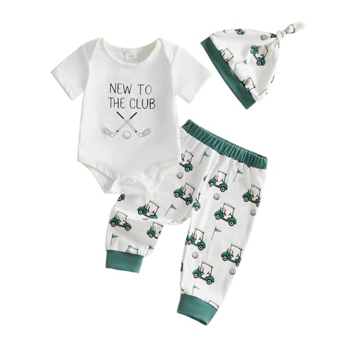 Summffie Newborn Baby Boy Golf Outfit Short Sleeve New To The Club Romper Onesie Pants Hat 3Pcs Cute Infant Summer Clothes (Golf Cart and Letter Print White 0-3 Months)