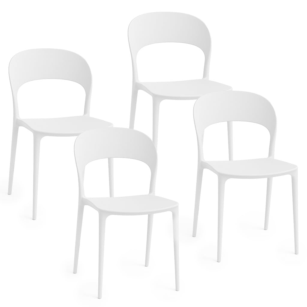 Baroni Home Set 4 Sedie in Plastica Bianca – Impilabili, Senza Montaggio, Facili da Pulire, con Gommini Antiscivolo, per Cucina, Soggiorno, Sala da Pranzo, Esterno 41x38x77 cm Stondata