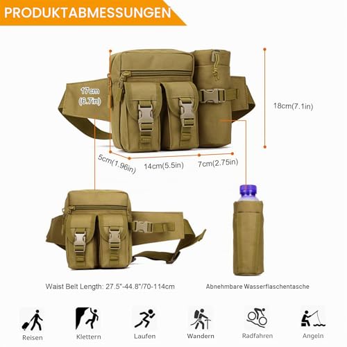 Huntvp Taktisch Hüfttasche mit Flaschenhalter Militärisch Bauchtasche Wasserdicht Gürteltasche MOLLE Wasserflasche Halter Multifunktional für Damen Herren Wandern Laufen Camping Trekking, Braun