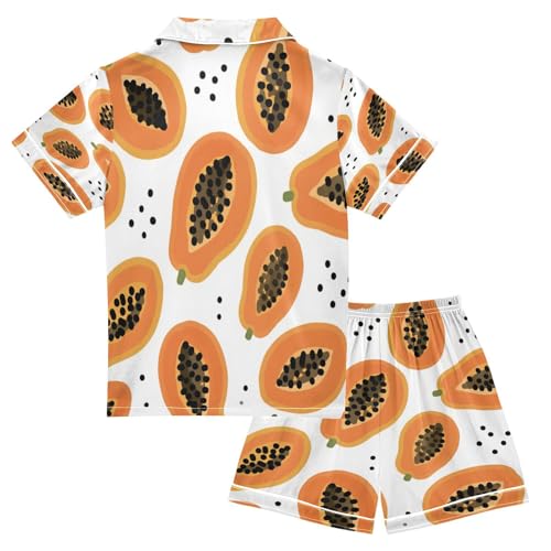 Satin Pajama Sets Short Sleeve Papaya Pattern Prints with Seeds Button Down Silky Nightwear 2 Piece PJS 5-14Y2