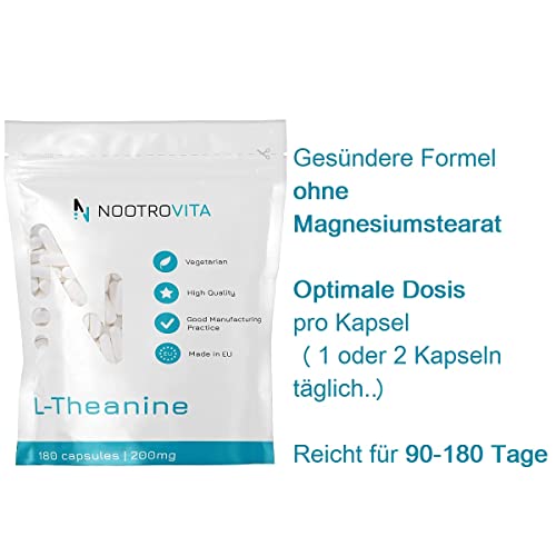 L Theanine 200 mg 180 kapsula za opuštanje, oslobađanje od stresa, san i koncentraciju | Veganski L-Theanine Bez umjetnih punila | Bez alergena | Nootrovita