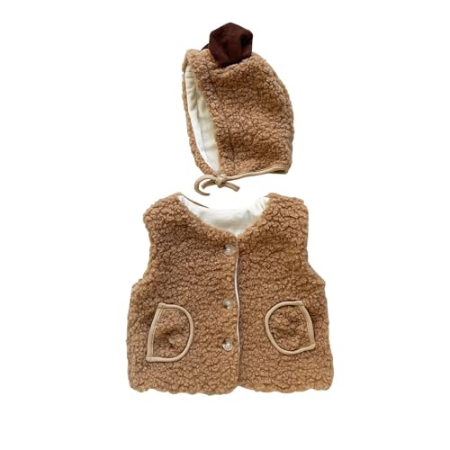 Toddler Baby Girls Fleece Vest 𝗕ear Hat Round Neck Button Sleeveless Jacket Winter Warm Outwear with Pocket