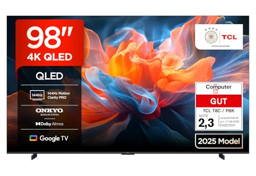 TCL 98T8C 98 Zoll QLED 4K HDR Ultra HD Fernseher, Smart TV mithilfe von Google TV (Dolby Vision Atmos, 144Hz Motion Clarity Pro, Game Bar, ALLM, FreeSync, Onkyo 2.1 Sound,Sprachsteuerung)