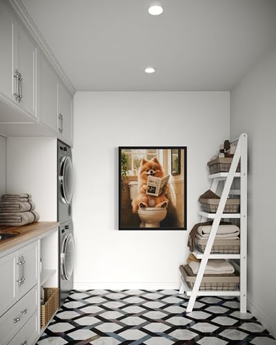 Image of Pomeranian on Toilet Black Framed Wall Art Print Poster, Dog Bathroom Humor Decor Posters Prints for Restroom Home Picture Painting Artwork Gallery 7 (Pomeranian, 14 inchL x 11 inchW, Black Frame)
