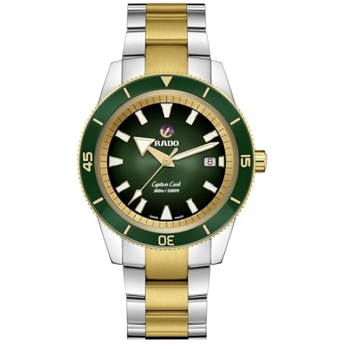 Rado Captain Cook Automatic Green Dial, Date Display, Super Luminova Indexes and Yellow Gold and Silver Bracelet