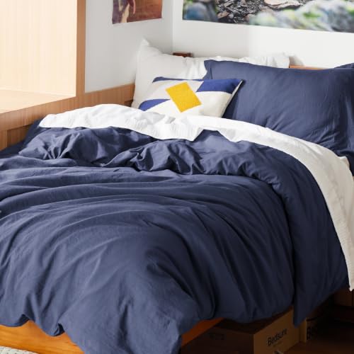 Image of Bedsure Prewashed Twin /Twin XL Duvet Cover, Cotton-Like Bedding Set, Navy | Ultra Soft, Relaxed Texture, Twin XL Breathable Comfort, Hidden Zipper, 8 Corner Ties, Easy Care, OEKO-TEX, Year-Round Use