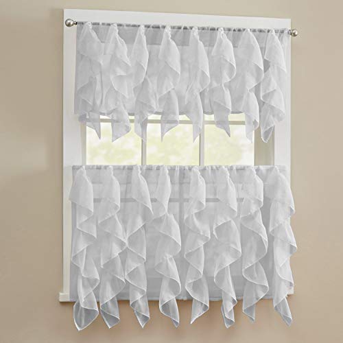 Image of Sweet Home Collection 3 Piece Kitchen Curtain Set Sheet Vertical Cascading Waterfall Ruffle Includes Valance & Choice of 24 inch or 36 inch Teir Pair, Tier, Sheer Silver