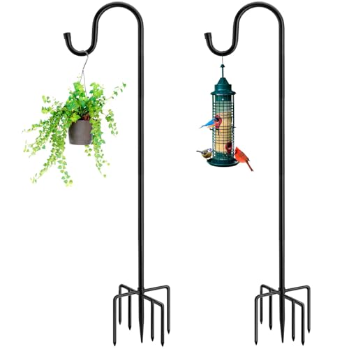 Image of 84 inch Shepherds Hooks for Outdoor with 7 Prongs Base, Heavy Duty Bird Feeder Pole for Hanging Lantern, Hummingbird Feeder, Shepherds Hook for Bird Feeders for Outside, 2 Packs, Black