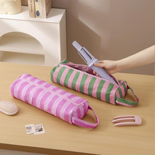 Image of RSRSLEII Striped Hair Tools Travel Bag,Hair Styling Accessories Storage Case for Shark FlexStyle,Dyson Airwrap Hair Dryer,Curling Iron,Straightener,Revlon Hair Tools,Portable&Foldable(15Rose Red&Pink)