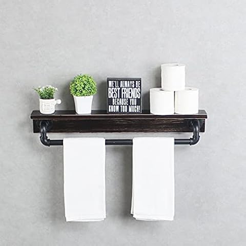 MBQQ Industrial Pipe Shelf,Rustic Wall Shelf with Towel Bar,30" Farmhouse Towel Racks for Bathroom,Floating Shelves Wall Mounted Home Decor Wooden Shelving,Retro Black Cover