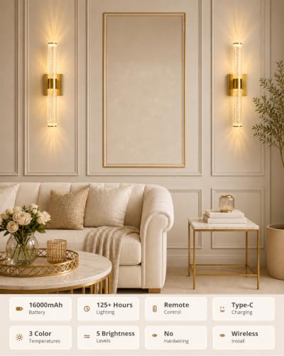 Image of Wall Sconces Set of Two,Guwikou Battery Operated Wall Sconce with 16000mAh Large Capacity,Screw-Mounted,USB-C Charging,Smart Auto, 30ft Remote abd 5 Brightness,for Bedroom Living Room Decor-15.8 Inch