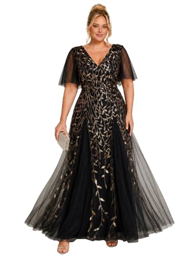 Image of Ever-Pretty Women's Sequin V Neck Plus Size Formal Dresses Evening Gown | Short Sleeve, A-Line, Empire Waist, Plus Size Mother of the Bride Dresses, Plus Size Gala Dress