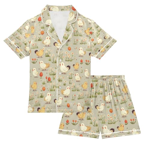 senya Small Chicken Eat Food Satin Summer Pajama Sets Silk Short Sleeve Button Down Sleepwear