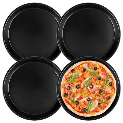 DINSONG Pizzablech, 20,3 cm, rund, antihaftbeschichtet, spülmaschinenfest, Karbonstahl, Pizzaofenblech für Backöfen geeignet, 4 Stück, (20 cm, schwarz)