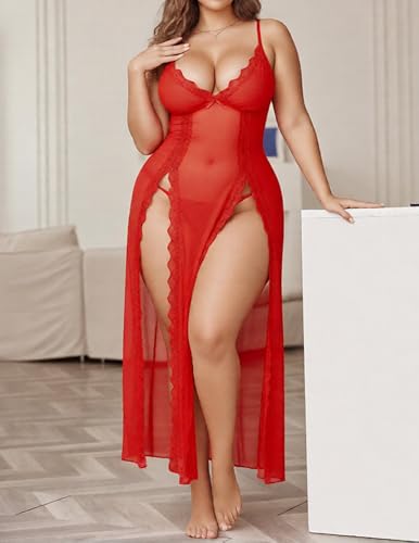 Image of Alrovetoney Plus Size Lingerie For Women Babydoll Sexy Mesh Maxi Nightdress Exotic Sleepwear Side Slits