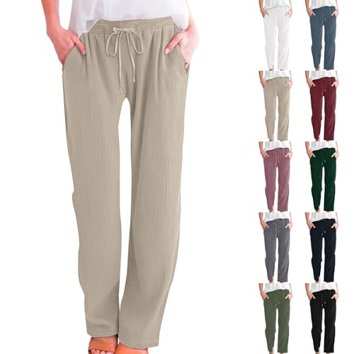 Generisch Pantalones capri para mujer de verano, pantalones de tela palazzo, cintura elástica, pantalones rectos, ligeros y aireados, pantalones de senderismo con cordón y bolsillos, caqui, 3XL