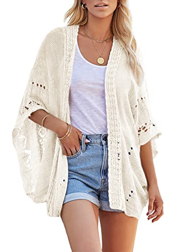 Image of Ermonn Crochet Cardigan Sweaters for Women Open Front Kimono Batwing Sleeve Plain Casual Lightweight Outerwear