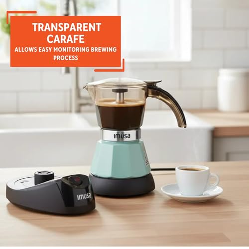 Image of IMUSA 3 or 2 Cup Electric Mint Espresso Maker, Compact Moka Coffee Machine with Keep Warm Function, Detachable Base, Cuban & Italian Coffee Brewer, Mint & Black