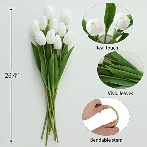 Dallisten 10Pcs White Artificial Tulips Silk Flowers, Long Stem And Green Leaves, Fake Flowers Decoration For Vase, Wedding, Party, Kitchen, Office, Home, Bedroom, Table Centerpiece Decor #TOP1