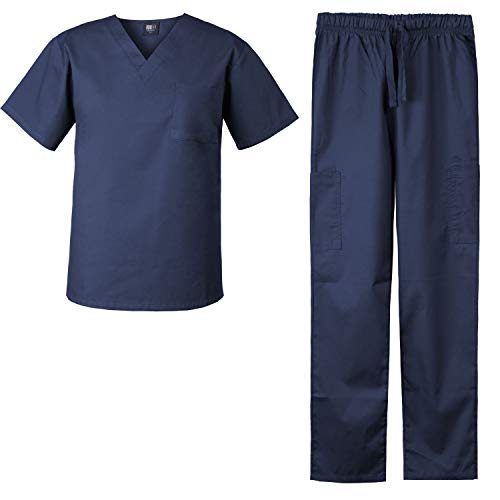 Medgear Men's Stretch Scrubs Set V-Neck Top and Cargo Pants for Men and Women (Indigo, 2X)