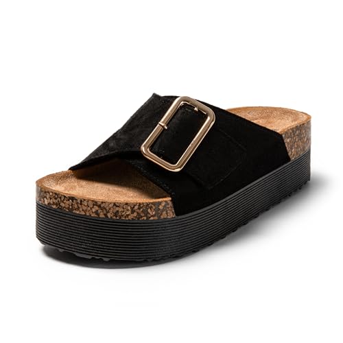 JOMIX Damen Sommer Bohemia Flach Sandalen Strandsandalen Verstellbarer Rieme Pantoletten Plateau Clogs (Schwarz, 41 EU, SD9168)