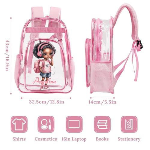 Personalized African Music Girl Clear Backpack PVC See Through Transparent Backpack for Girls Women with Name Reinforced Strap & Large Capacity Back to School Gifts - Clear/Pink3