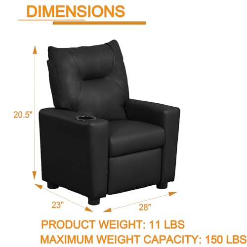 Kids Recliner Chair w/ Cup Holder, Toddler Recliner Chair Ages 1-4, 2-in-1 PU Leather Single Sofa for Boys/Girls, Kids Lazy Boy Chairs, Upholstered Armchair, Adjustable Backrest & Footrest (Black-NEW)