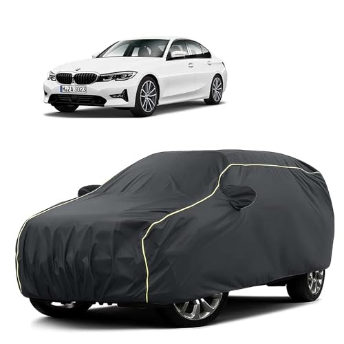 Image of Sulfar 100% Water Resistant Car Body Cover Compatible with Mirror for BMW 3 Series (Triple Stitched, Full Bottom Elastic, Dark Grey Taffeta with Yellow Piping)