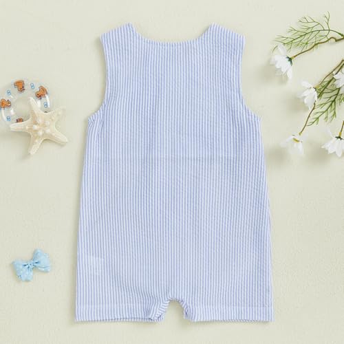 Newborn Baby Boys Sleeveless Seersucker Romper One Piece Straps Overalls Striped Jumpsuit Summer Smocked Clothes3