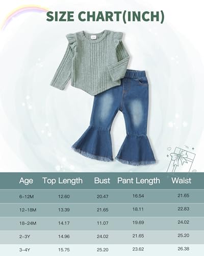 Sunny Piggy 12-18 Months Toddler Girl Clothes Little Baby Girl Denims Outfits Jeans Flare Stretchy Pants Set Long Sleeve Infant Winter Fall Baby Clothes For Girls Green thumb #5