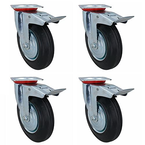 Roues de 200 mm HD avec frein lot de 4 en caoutchouc pour chariots