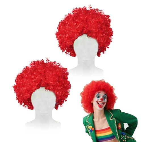 TUONYIS 2 Stück Afro Perücke Clown lockiges Haar Lockenperücke Rasta Afroperücke Funk Funky Partyperücke für Kostümpartys Disko-Zubehör Herren Damen Karneval Fasching Halloween (Rot)