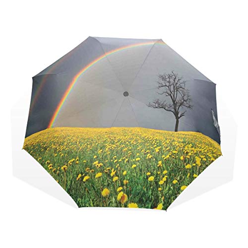 Preisvergleich Produktbild LASINSU Regenschirm,Löwenzahn Feld einsamer unfruchtbarer Baum unter bewölktem Himmel mit Regenbogen regnerischem WetterFaltbar Kompakt Sonnenschirm UV Schutz Winddicht Regenschirm
