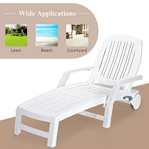 Giantex Chaise Lounge Outdoor 6 Adjustable Backrests Lounge Chair Recliner With Wheels For Patio, Poolside, Garden Foldable Beach Sunbathing Lounger(2, White) #TOP6