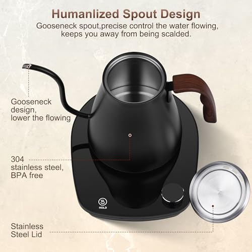 Gooseneck Electric Kettle, Intelligent Temperature Control, Stainless Steel Inner, Quick Heating, for Pour Over Coffee, Brew Tea, Boil Hot Water, 1000W 0.9L Black - Image 5