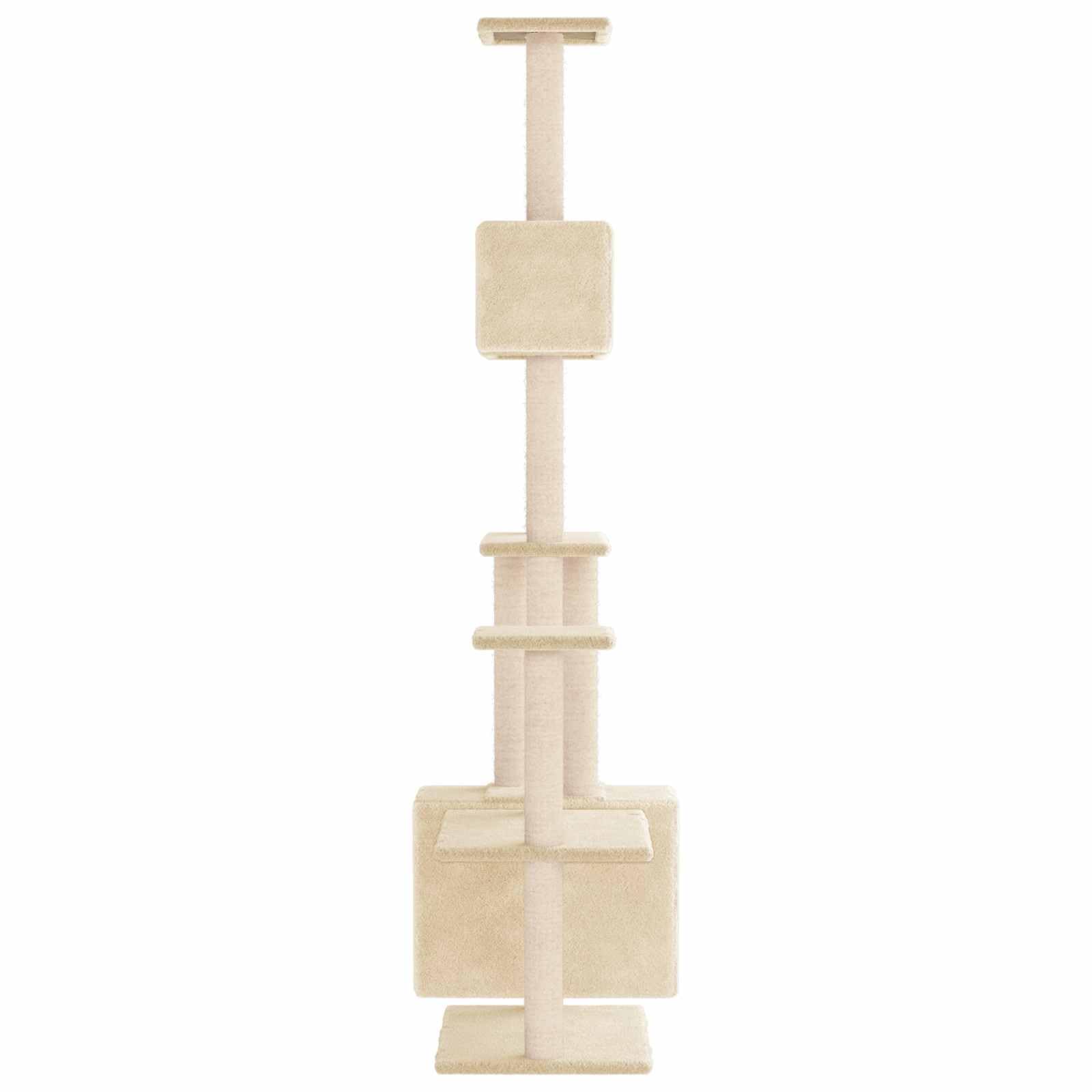 Kratzbaum Gross mit Sisal-Kratzsäulen & Katzenhöhle, XL Kletterbaum 177,5 cm hoch, Stabiler Deckenspanner-Alternative für Wohnung, cremefarben