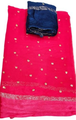 Image of Pure Georgette Sequence Work Saree with Contrast Blouse, Satan Patta Fabric