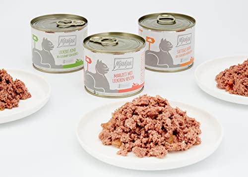 MjAMjAM - Premium Nassfutter für Katzen - Mixpaket I - Huhn, Rind, Herzen, 6er Pack (6 x 200 g), getreidefrei mit extra viel Fleisch