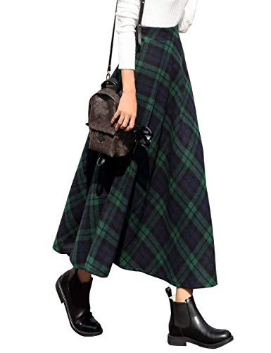 IDEALSANXUN Long Plaid Wool Skirts for Womens High Waist Aline Pleated Long Winter Skirts (X-Large, Green)