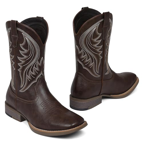 Grakihily Cowboy Boots For Men with Wide Square Toe Western Retro Boot Durable Classic Fashionable Embroidered Country Pull On Resistant Boots