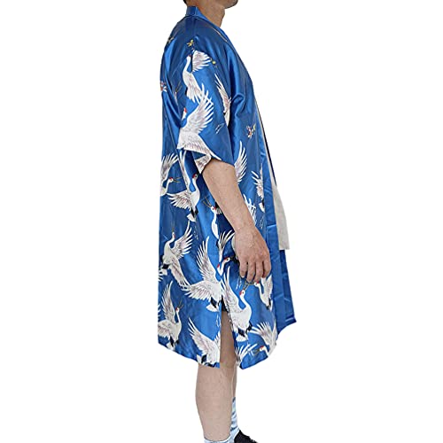 HAORUN Men Japanese Kimono Coat Loose Yukata Outwear Long Bathrobe Tops Vintage (Blue-Satin, Large, l)2