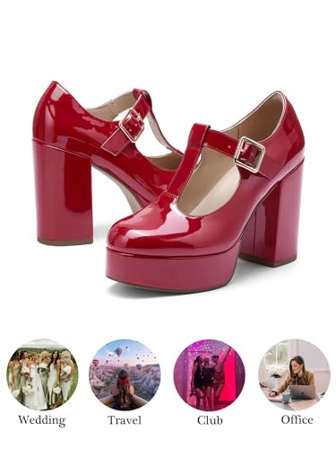 Image of Coutgo Womens' T-Strap Round Toe Chunky Platform Heels Patent Mary Jane Dress Shoes