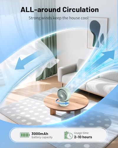 Image of Aluan 7-Inch Portable Rechargeable Fan, Table Fan with 90 Oscillation, 10 Speed Settings, Quiet Airflow & Battery Indicator for Home, Desk & Travel