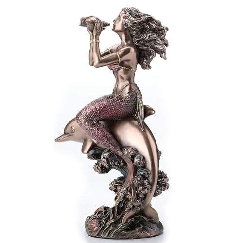 Estatua de sirena sobre delfín bronce 8.25 pulg miniatura 2
