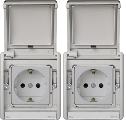 SIMON - Base de Enchufe Exterior, Estanco Toma Schuko, Serie Simon 44 Aqua, 250V 16A, Enchufe de empotrar, Fácil de Instalar, Incluye Caja, Tapa y Mecanismo, Color Gris (Paquete de 2)