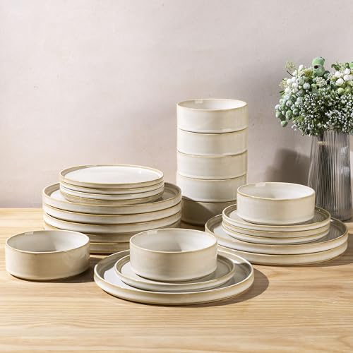 Image of AmorArc Ceramic Dinnerware Sets, Handmade Reactive Glaze Stoneware Plates and Bowls Sets,Highly Chip and Crack Resistant | Dishwasher & Microwave Safe Dishes Set, Service for 8 (24pc)