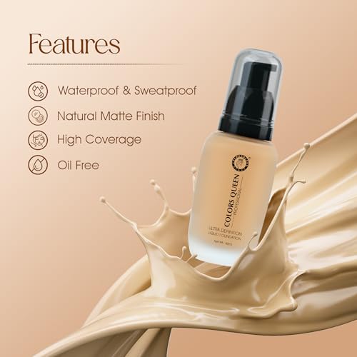 Image of Colors Queen Ultra Definition Liquid Foundation | Lightweight & Long Lasting Full, Coverage with Dewy Finish | Waterproof & Sweat Proof Foundation for Face Makeup (Custard, 30ml)
