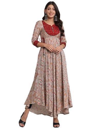 Image of Rapsodia Womens Cotton Green & Brown Floral Printed Flared Kurta