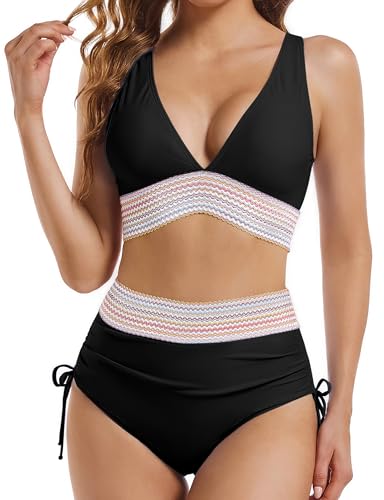 High Waisted Bikini Sets for Women Tummy Control Swimsuits Color Block Drawstring Womens Two Piece Bathing Suits 2025
